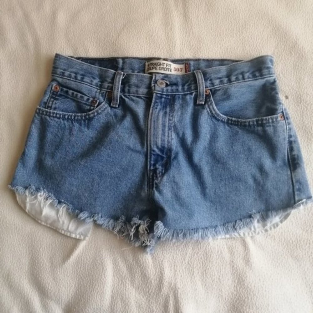 Levi's 505 Medium Wash High Waisted Distressed Denim Shorts